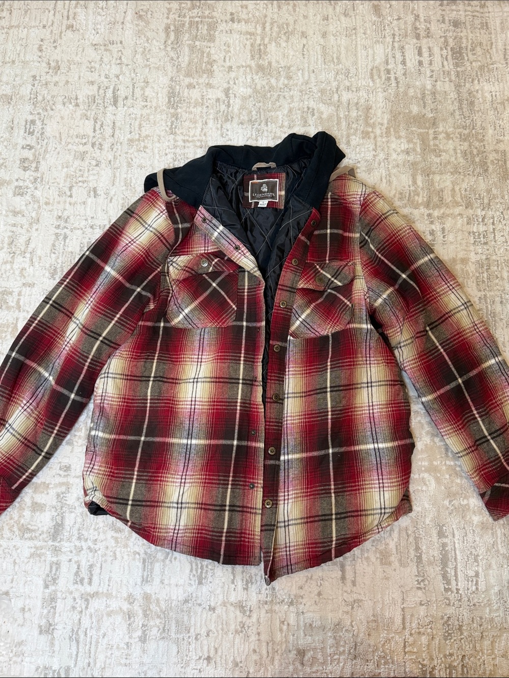 Legendary Outfitters Men's Red Plaid Hooded Shacket with Quilted Lining